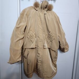 Tan Hooded Coat with Fur Trim